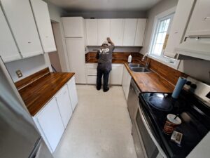 Kitchen with butcher block counters and new backsplash, Ottawa
